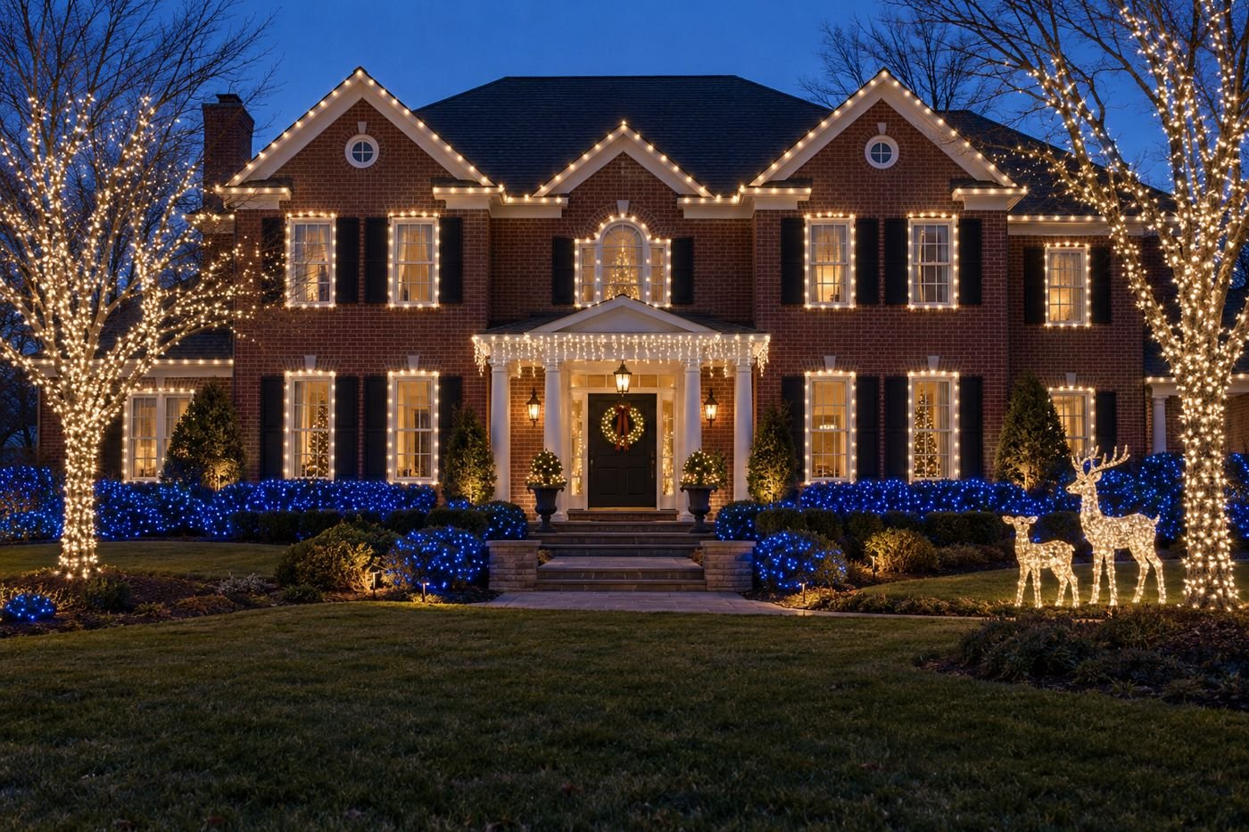 Example design: brick home with rooflines, outlined windows, and wrapped trees