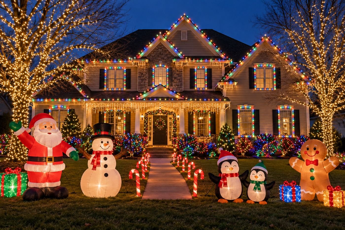 Example design: full multicolor display with rooflines, outlined windows, wrapped trees, and yard decor