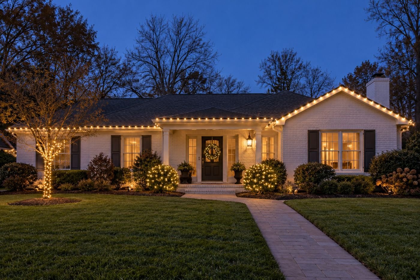 Example design: single-story ranch with warm white roofline, a wrapped tree, and lit bushes