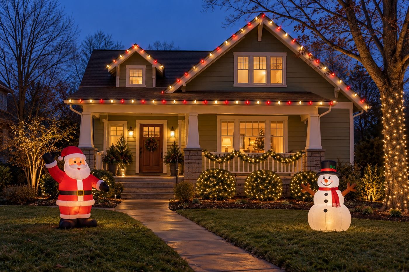 Example design: alternating red and white bulbs on a craftsman home