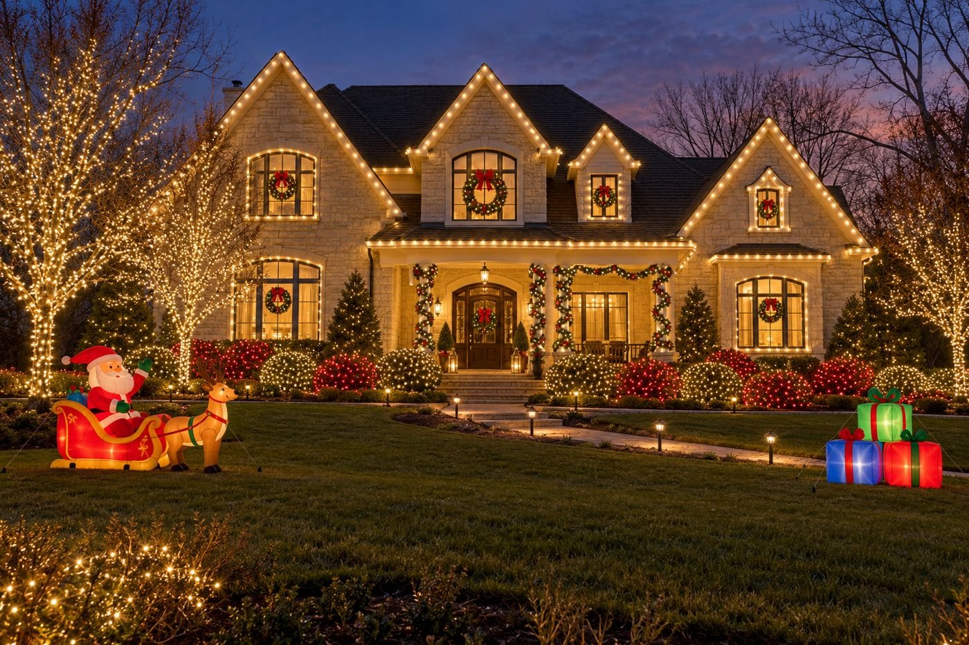 Example design: stone home with warm white rooflines, wreaths in every window, garland, and wrapped trees