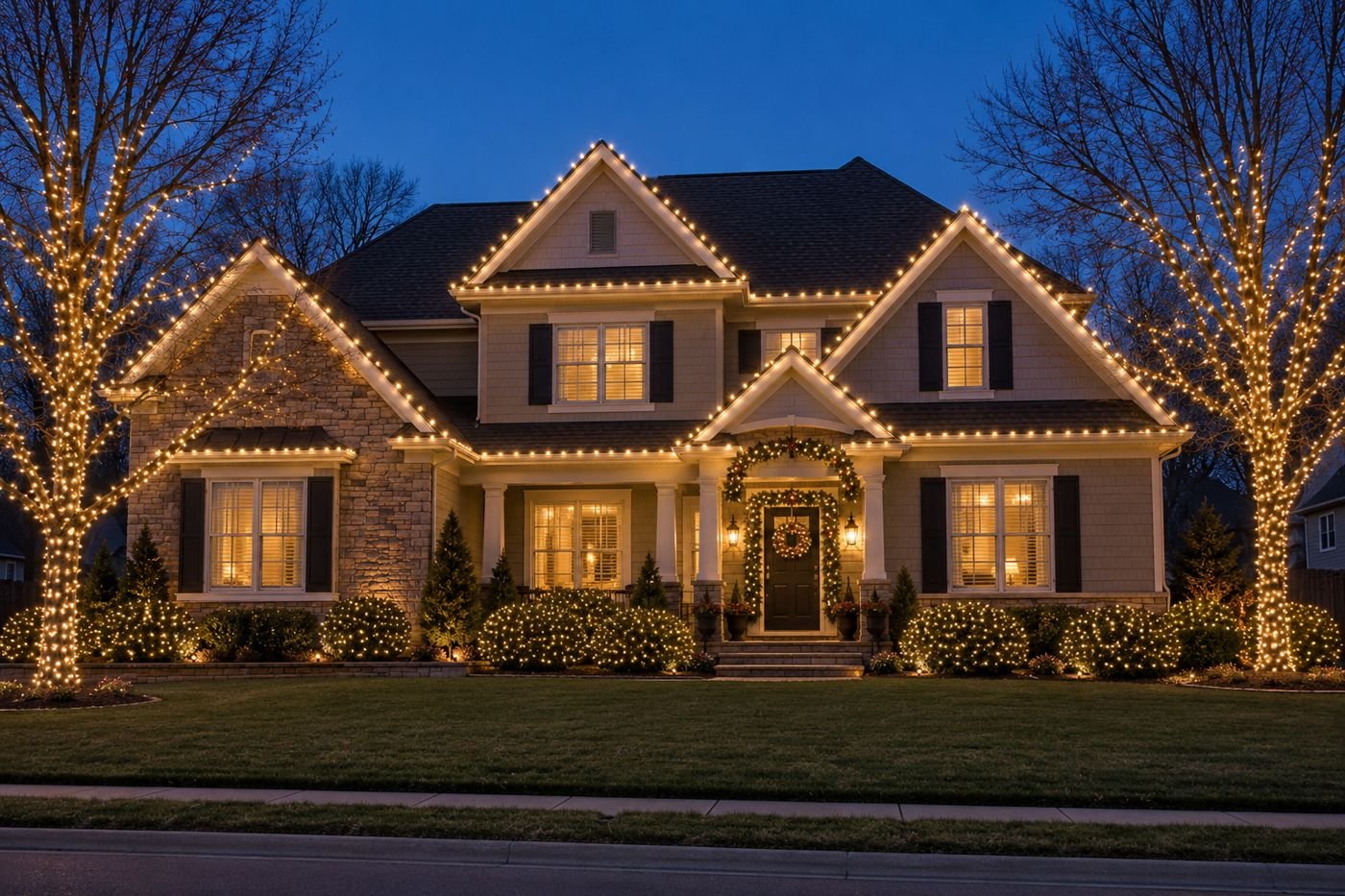 Example design: two-story home with warm white rooflines, wrapped trees, and lit bushes