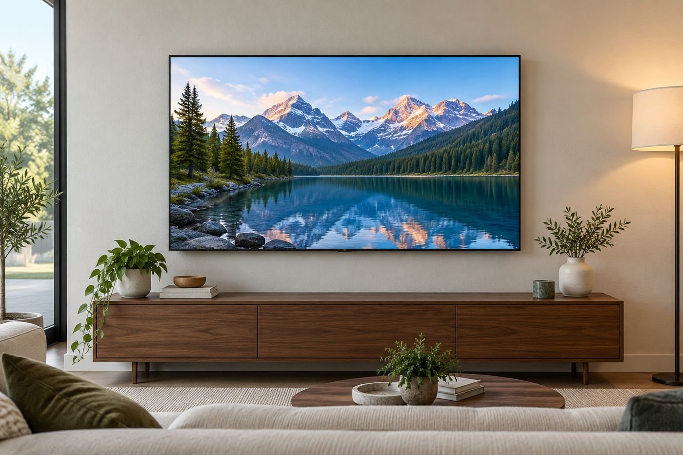 Example: large TV wall-mounted above a walnut media console in a living room