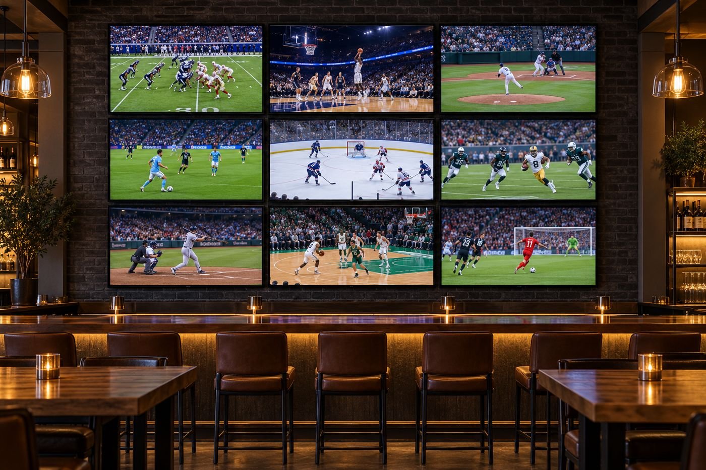 Example: wall of nine TVs in an even grid above a bar